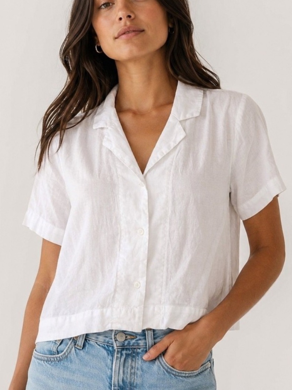 Quince White Short-Sleeve Linen Button-Front Shirt Size: S